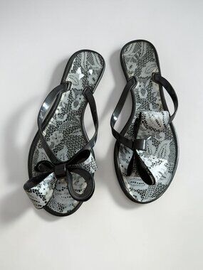 BLACK Lace Floral Bow Flip Flop Sandals S 39 / US 9